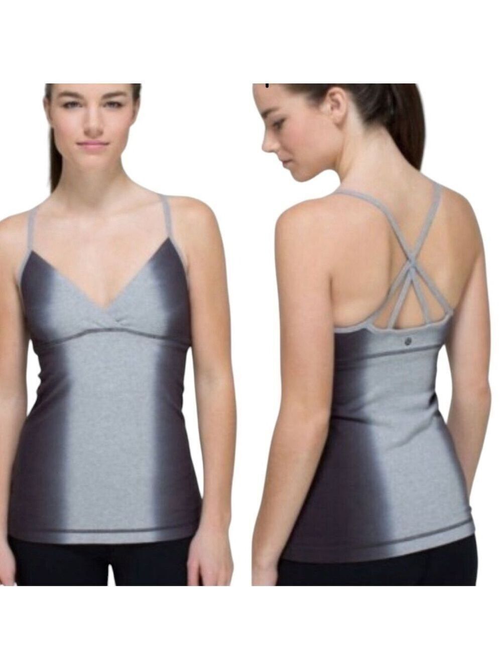 Lululemon Satya Tank Size 8 Heathered Cadet Blue Black Yoga Sleek Stretch Fit